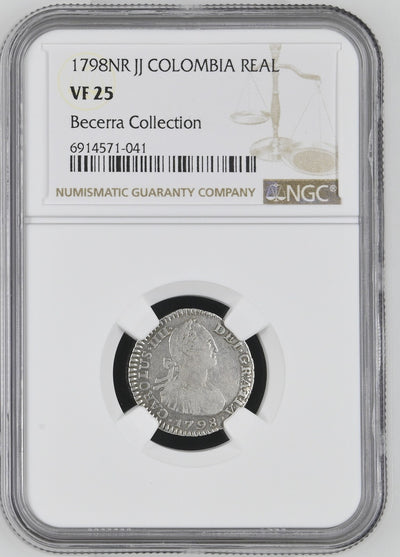 COLOMBIA, Bogotá, bust 1 real, Charles IV, 1798 J J, mintmark N•R, NGC VF 25