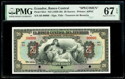 Ecuador Banco Central 20 Sucres Specimen ND (1939-40) PMG Superb Gem 67 EPQ