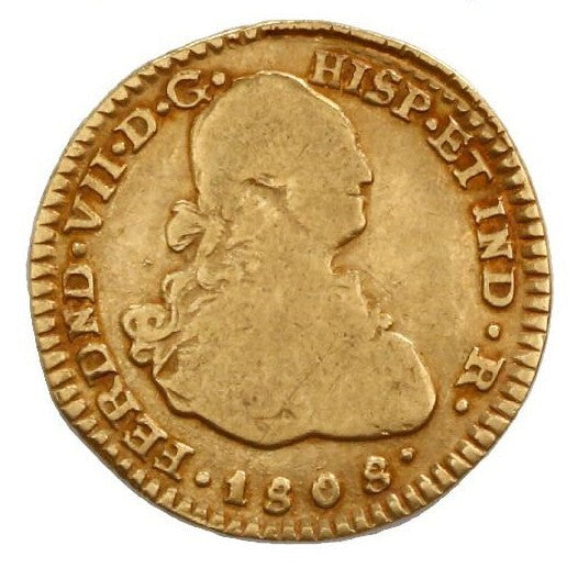 COLOMBIA Popayan Gold Bust 1 Escudo Ferdinand VII (bust of Charles IV) 1808 JF