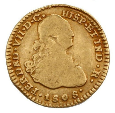 COLOMBIA Popayan Gold Bust 1 Escudo Ferdinand VII (bust of Charles IV) 1808 JF