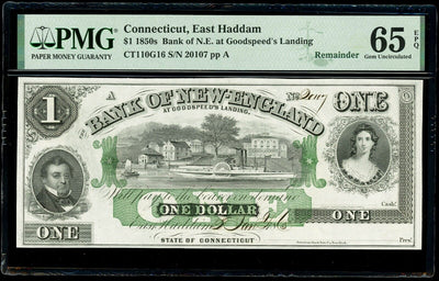 East Haddam Connecticut Bank of New England 1850s PMG Gem UNC 65 EPQ