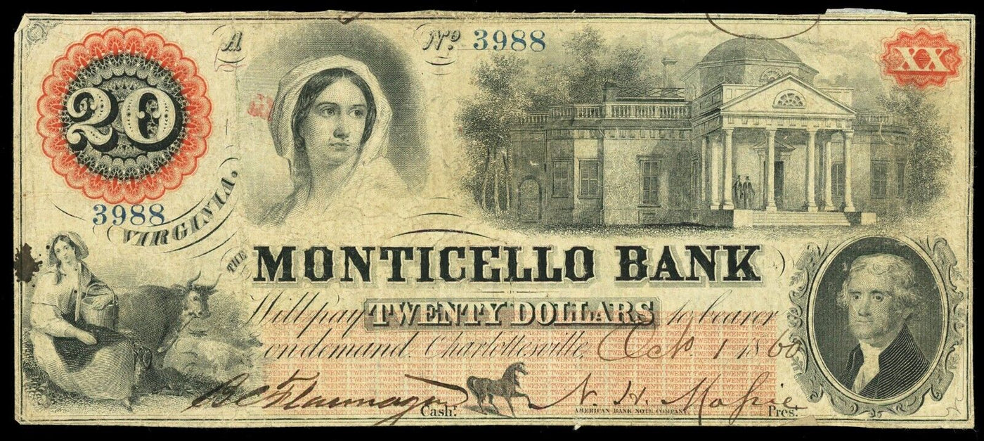 Charlottesville Virginia Monticello Bank $20 Oct. 1, 1860 Haxby-VA45G26a