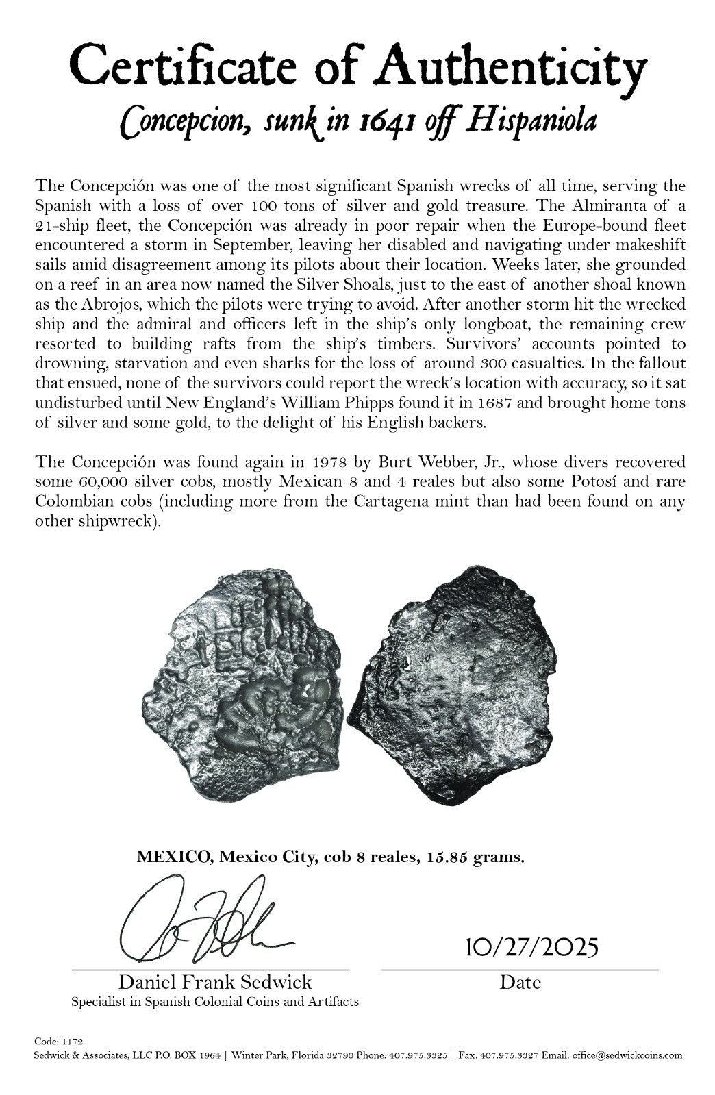 Concepcion Shipwreck (1641) MEXICO Mexico City Silver Cob 8 Reales with COA 1172