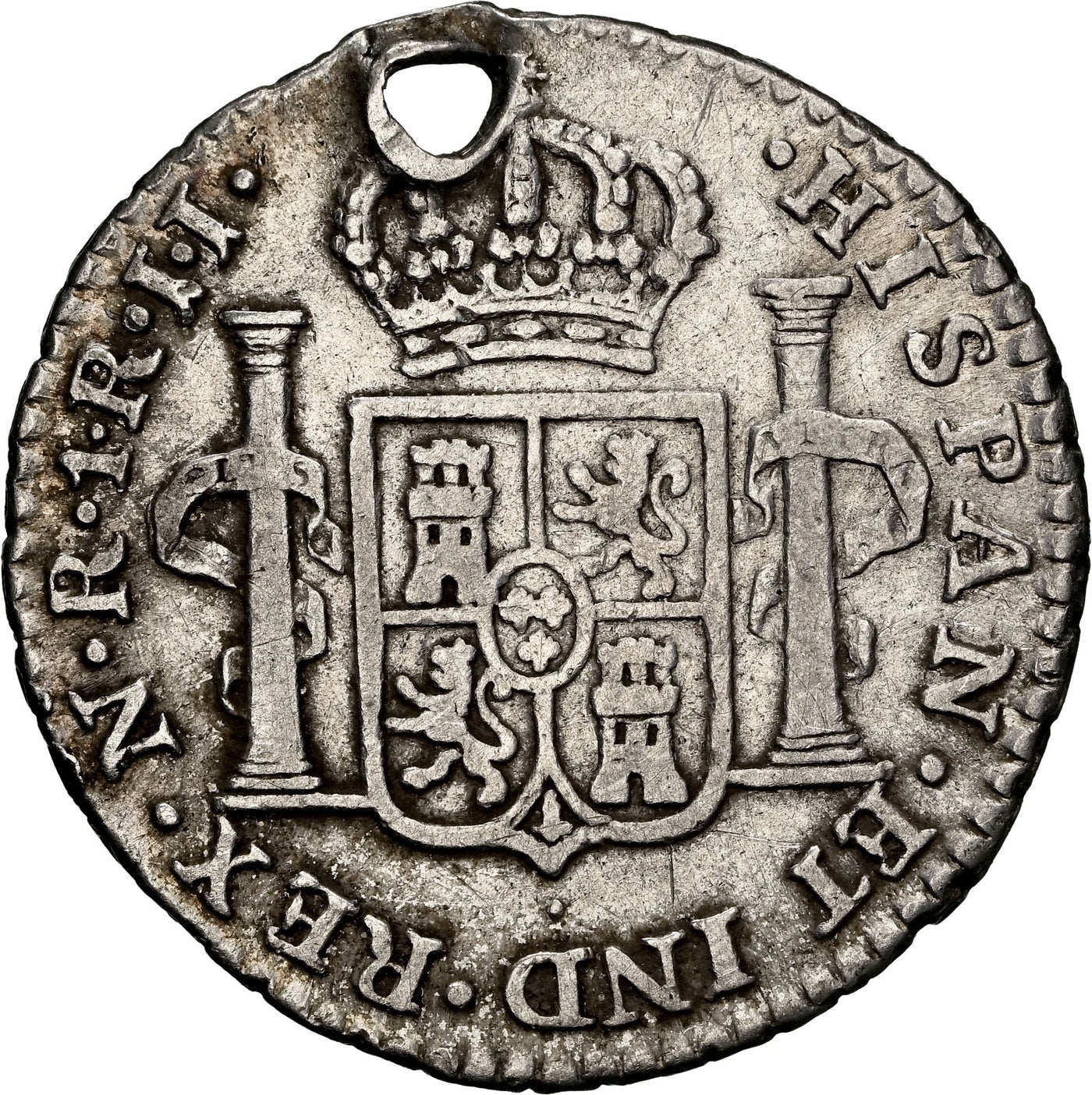 COLOMBIA, Bogotá, bust 1 real, Charles IV, 1797 JJ, NGC VF details / holed