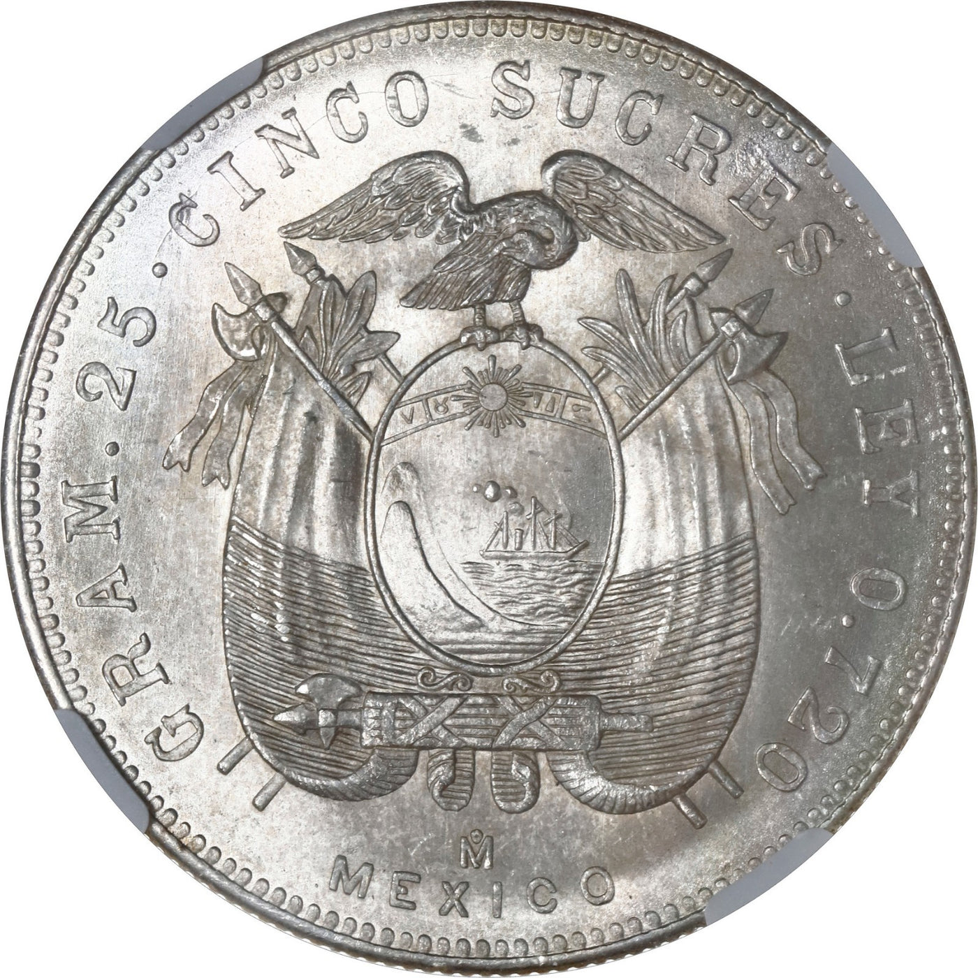 ECUADOR, struck at the Mexico City Mint, 5 sucres, 1943, NGC MS 66, "top pop."