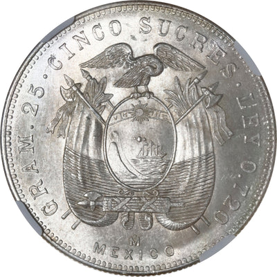 ECUADOR, struck at the Mexico City Mint, 5 sucres, 1943, NGC MS 66, "top pop."