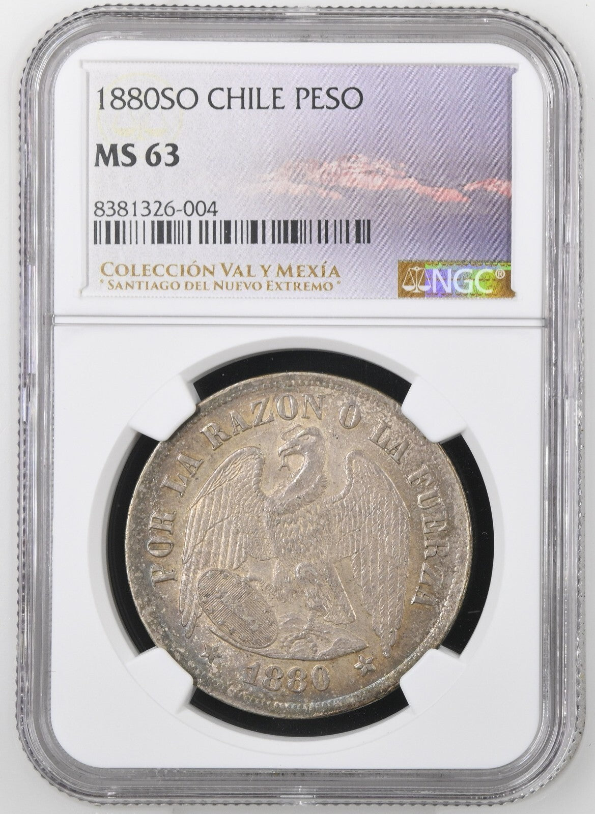 CHILE Santiago Silver Condor Peso 1870/60 NGC MS 61 KM-142.1