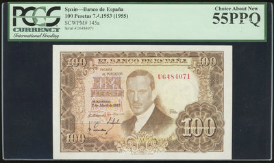 Madrid Spain Banco de Espana 100 Pesetas 7-4-1953 (1955) PCGS 55 PPQ Pick-145a