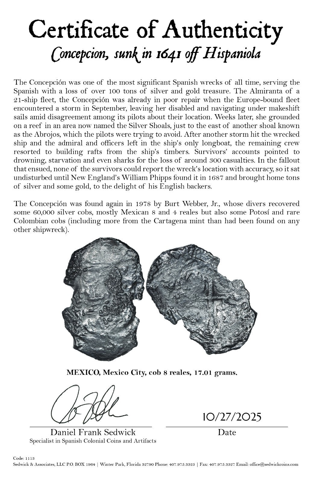 Concepcion Shipwreck (1641) MEXICO Mexico City Silver Cob 8 Reales with COA 1113