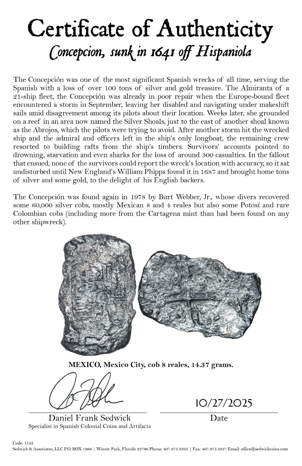 Concepcion Shipwreck (1641) MEXICO Mexico City Silver Cob 8 Reales with COA 1155