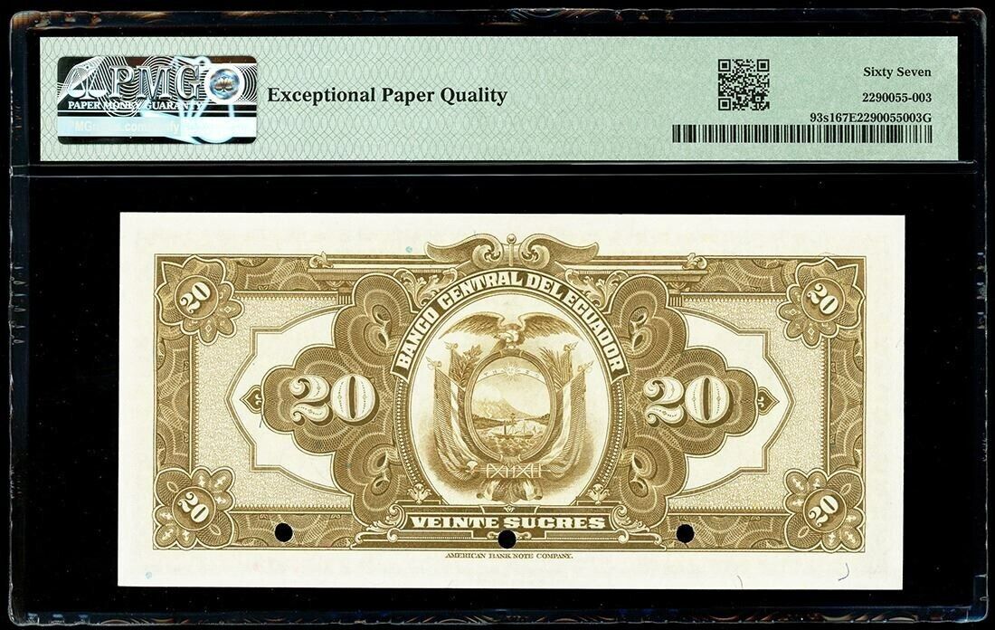 Ecuador Banco Central 20 Sucres Specimen ND (1939-40) PMG Superb Gem 67 EPQ