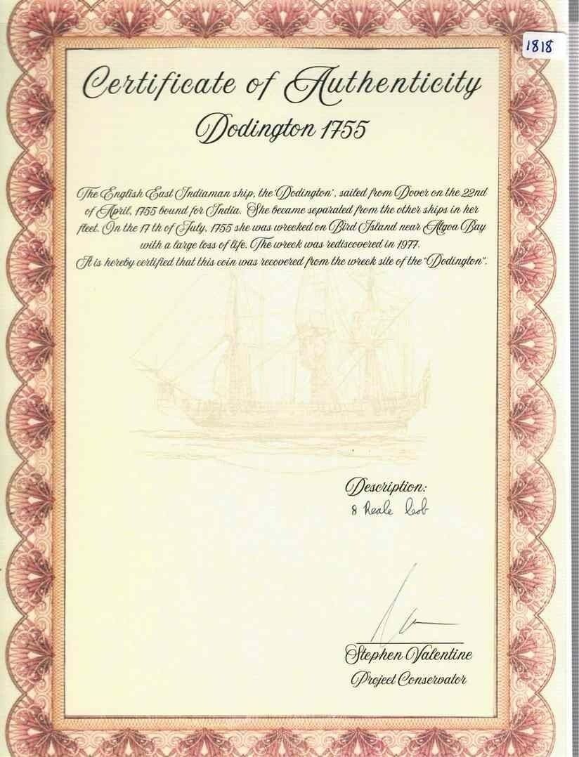 Dodington Shipwreck (1755) BOLIVIA Potosí Silver Cob 8 Reales Ferdinand VI & COA
