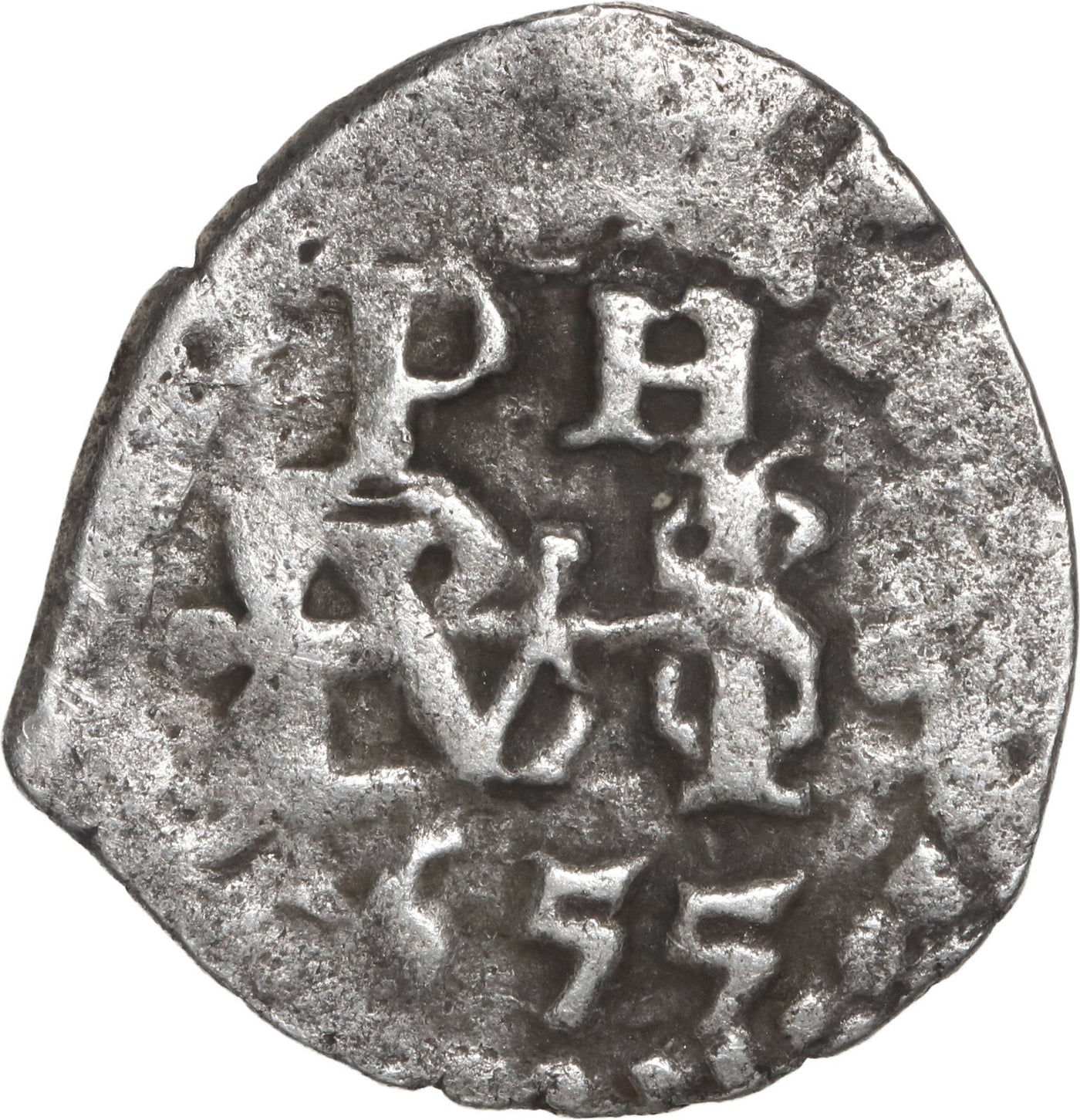 BOLIVIA, Potosi, cob 1/2 real, 1655, PH at top (no dot), rare, ex-Ugaz.