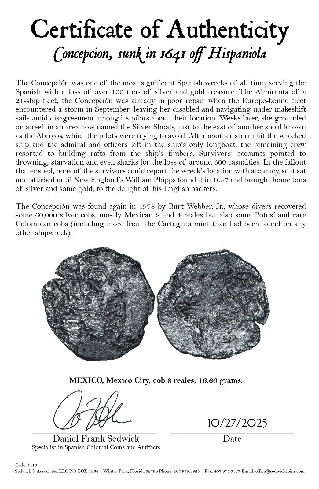 Concepcion Shipwreck (1641) MEXICO Mexico City Silver Cob 8 Reales with COA 1110