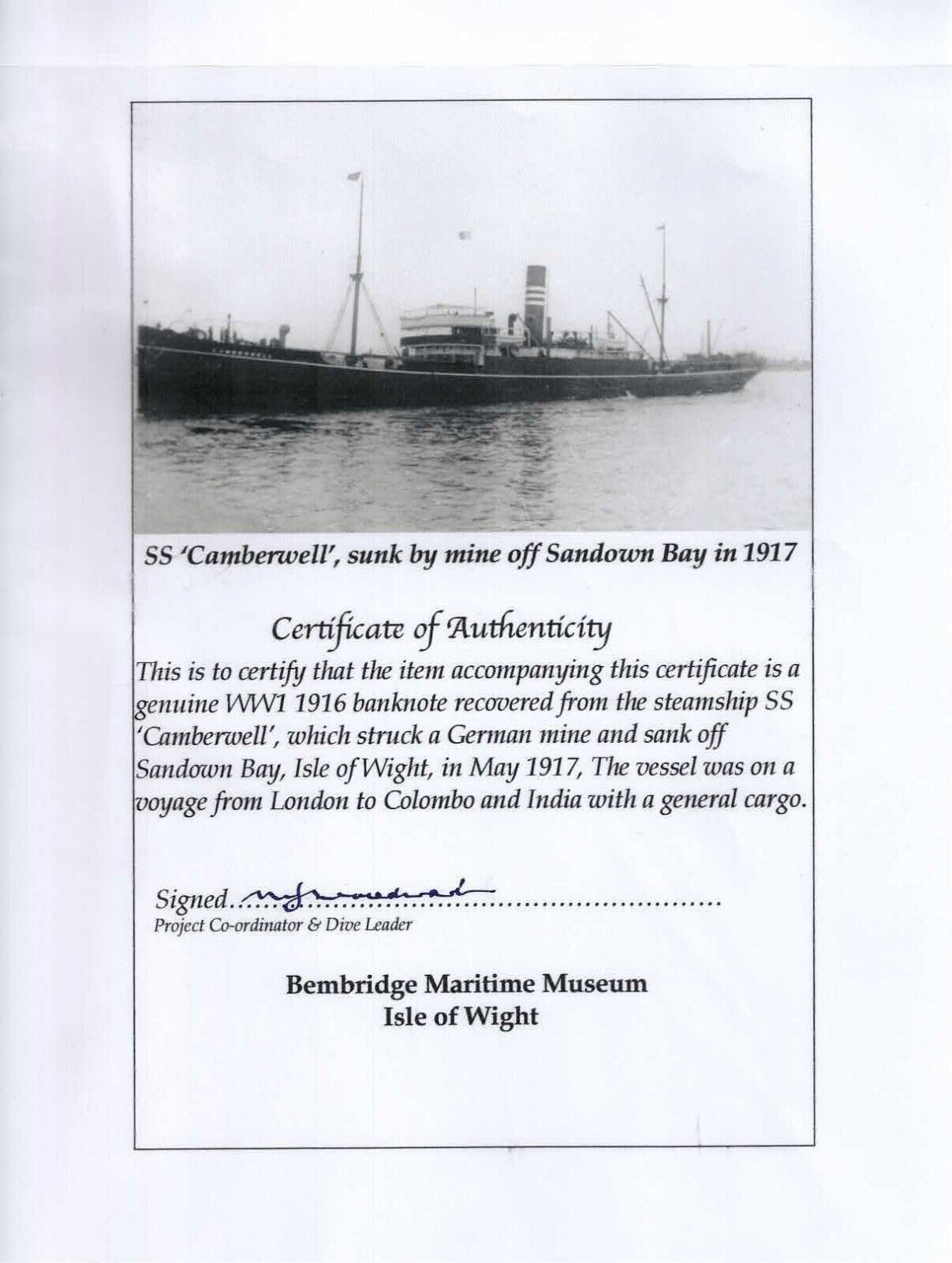 INDIA Calcutta 10 Rupees 25-11-1916 AC 48 80704 Camberwell Shipwreck w/ COA