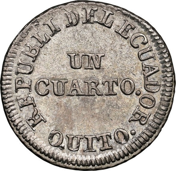 ECUADOR, Quito, ¼ real, 1849 GJ, NGC MS 61 (EMO Collection Label), EMO Plate.