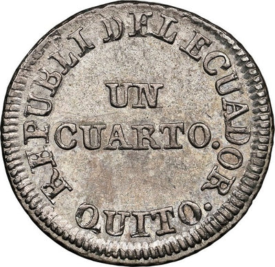 ECUADOR, Quito, ¼ real, 1849 GJ, NGC MS 61 (EMO Collection Label), EMO Plate.