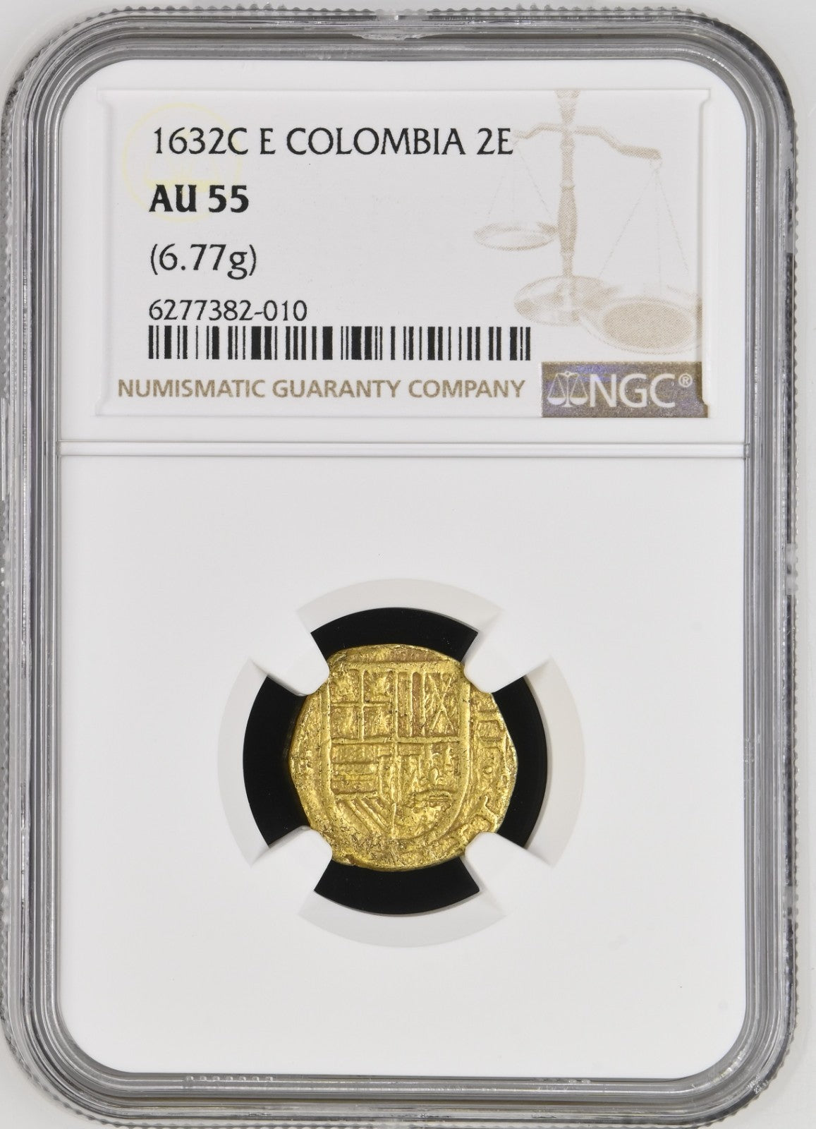 COLOMBIA, Cartagena, gold cob 2 escudos, 1632 assayer E below mintmark C to left