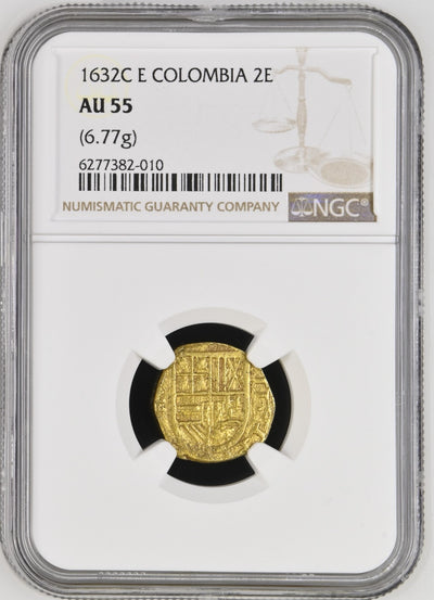 COLOMBIA, Cartagena, gold cob 2 escudos, 1632 assayer E below mintmark C to left