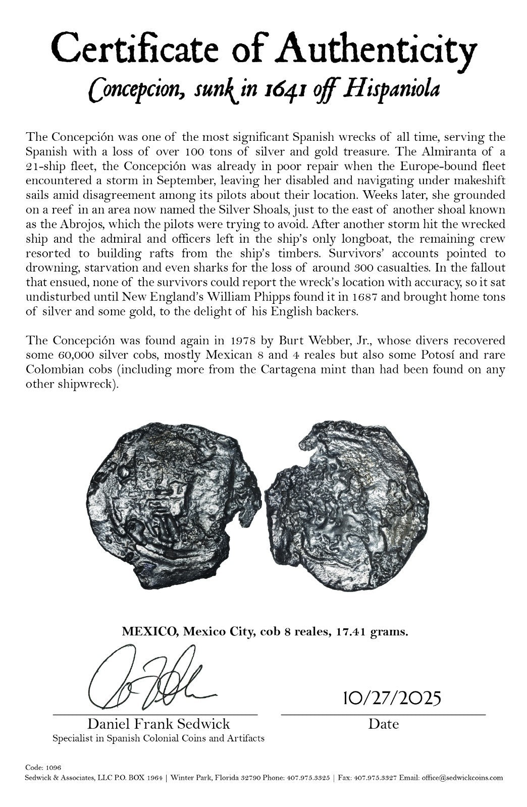 Concepcion Shipwreck (1641) MEXICO Mexico City Silver Cob 8 Reales with COA 1096