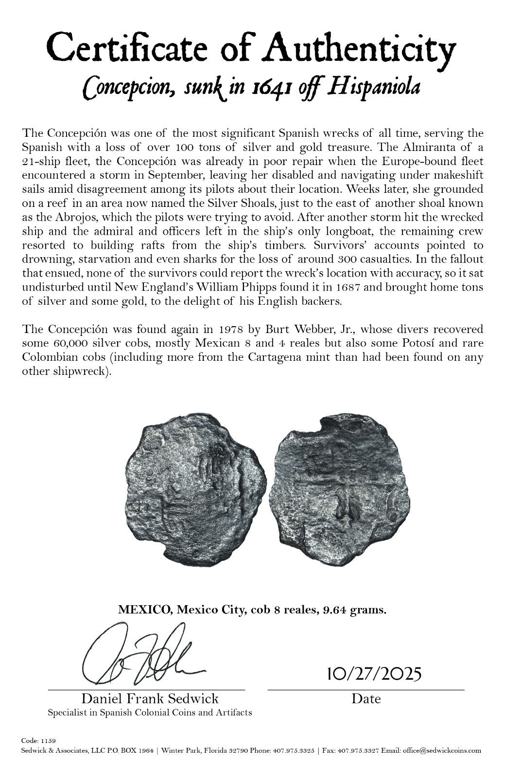 Concepcion Shipwreck (1641) MEXICO Mexico City Silver Cob 8 Reales with COA 1159