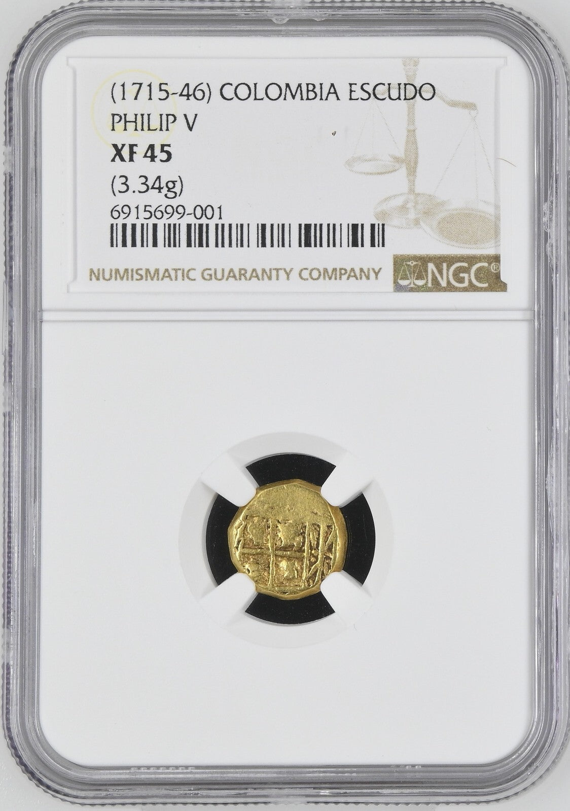 COLOMBIA, Bogotá, gold cob 1 escudo, Philip V,  (ca. 1730) NGC XF 45