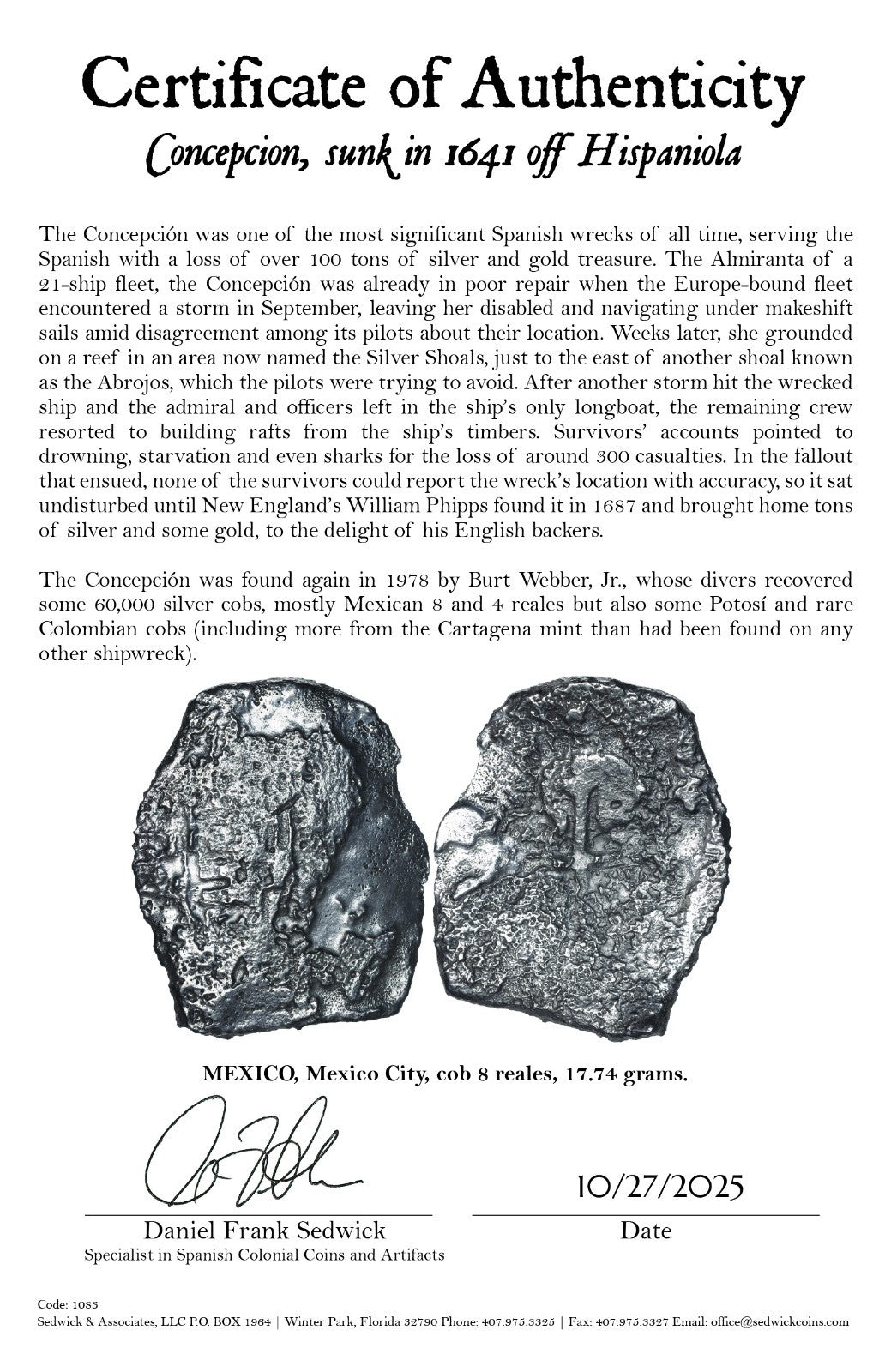 Concepcion Shipwreck (1641) MEXICO Mexico City Silver Cob 8 Reales with COA 1083