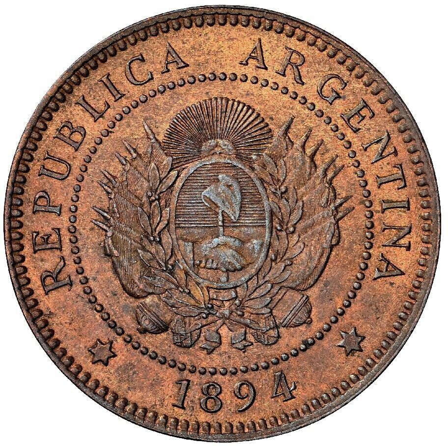 Argentina Copper 1 Centavo 1894 high and separate 4 NGC MS63 Brown KM-32