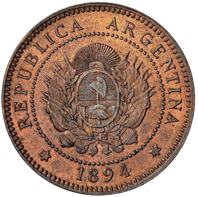 Argentina Copper 1 Centavo 1894 high and separate 4 NGC MS63 Brown KM-32