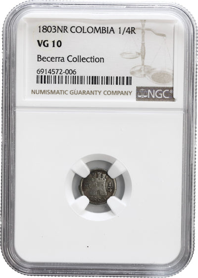 COLOMBIA, Bogotá, ¼ real, 1803, NGC VG 10, ex-Becerra.