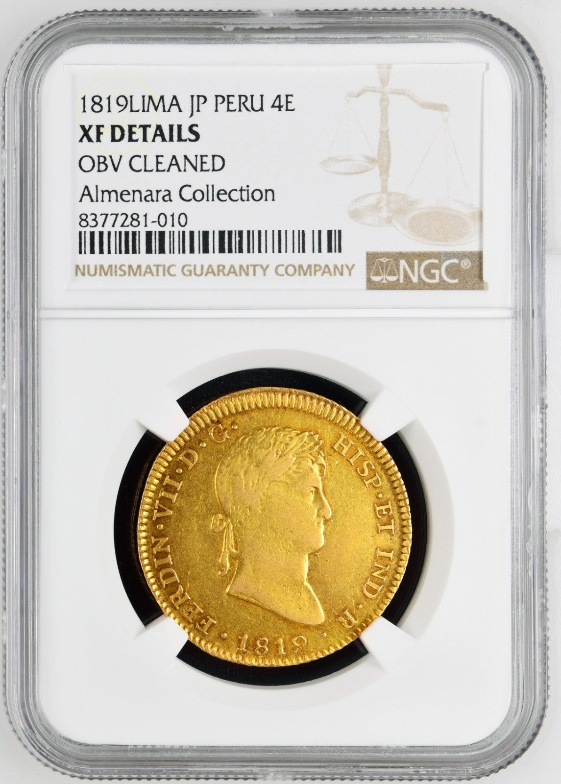 PERU Lima Gold bust 4 Escudos Ferdinand VII 1819 JP NGC XF Details KM-128 Scarce
