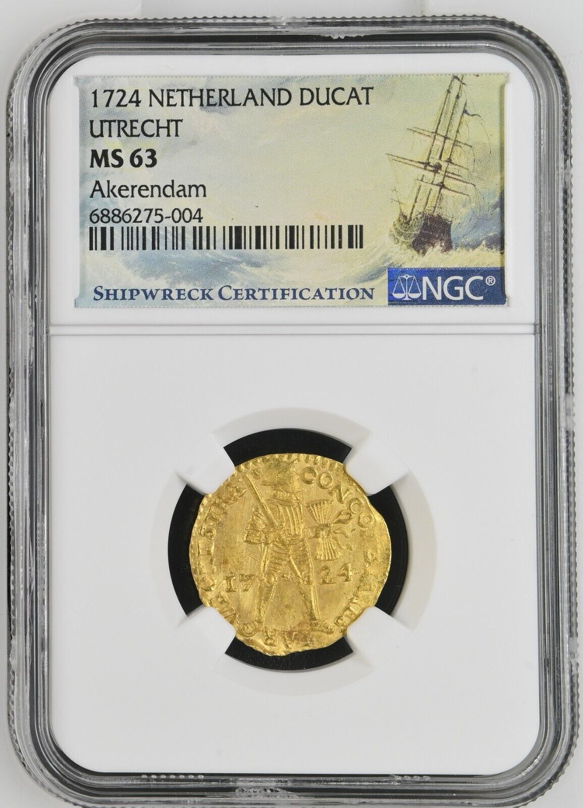 Akerendam Shipwreck (1725) Netherlands Utrecht Gold Ducat 1724 NGC MS 63