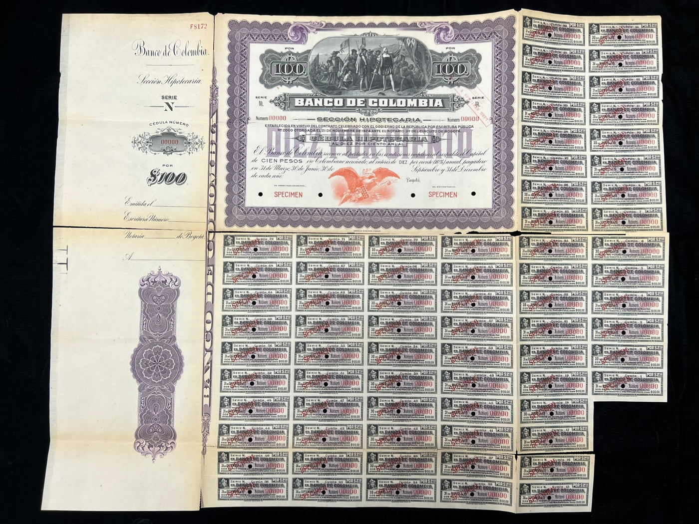 Bogotá Banco de Colombia 100 Pesos 10% Bond Specimen 1924 ex-ABNCo Archives