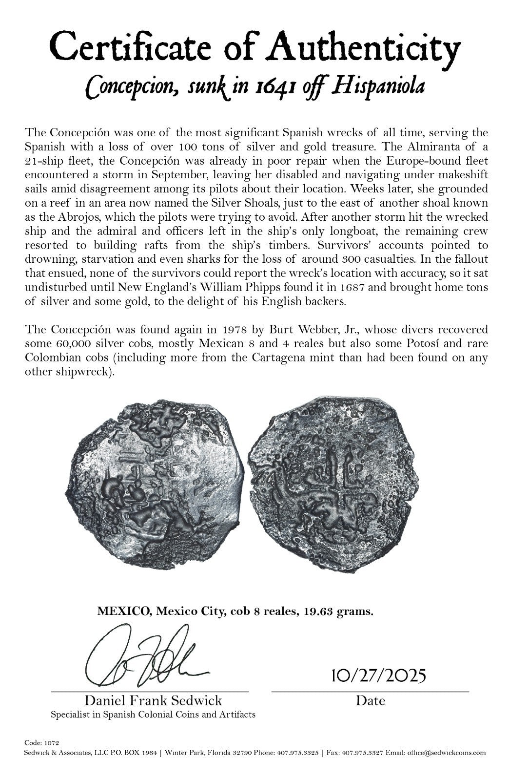 Concepcion Shipwreck (1641) MEXICO Mexico City Silver Cob 8 Reales with COA 1072