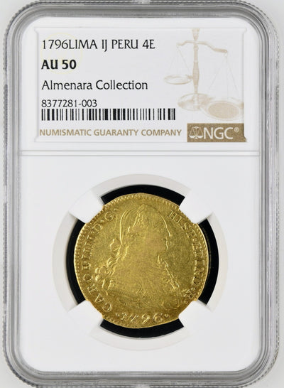 PERU Lima Gold Bust 4 Escudos Charles IV 1796 IJ NGC AU 50 Sole Finest Known!