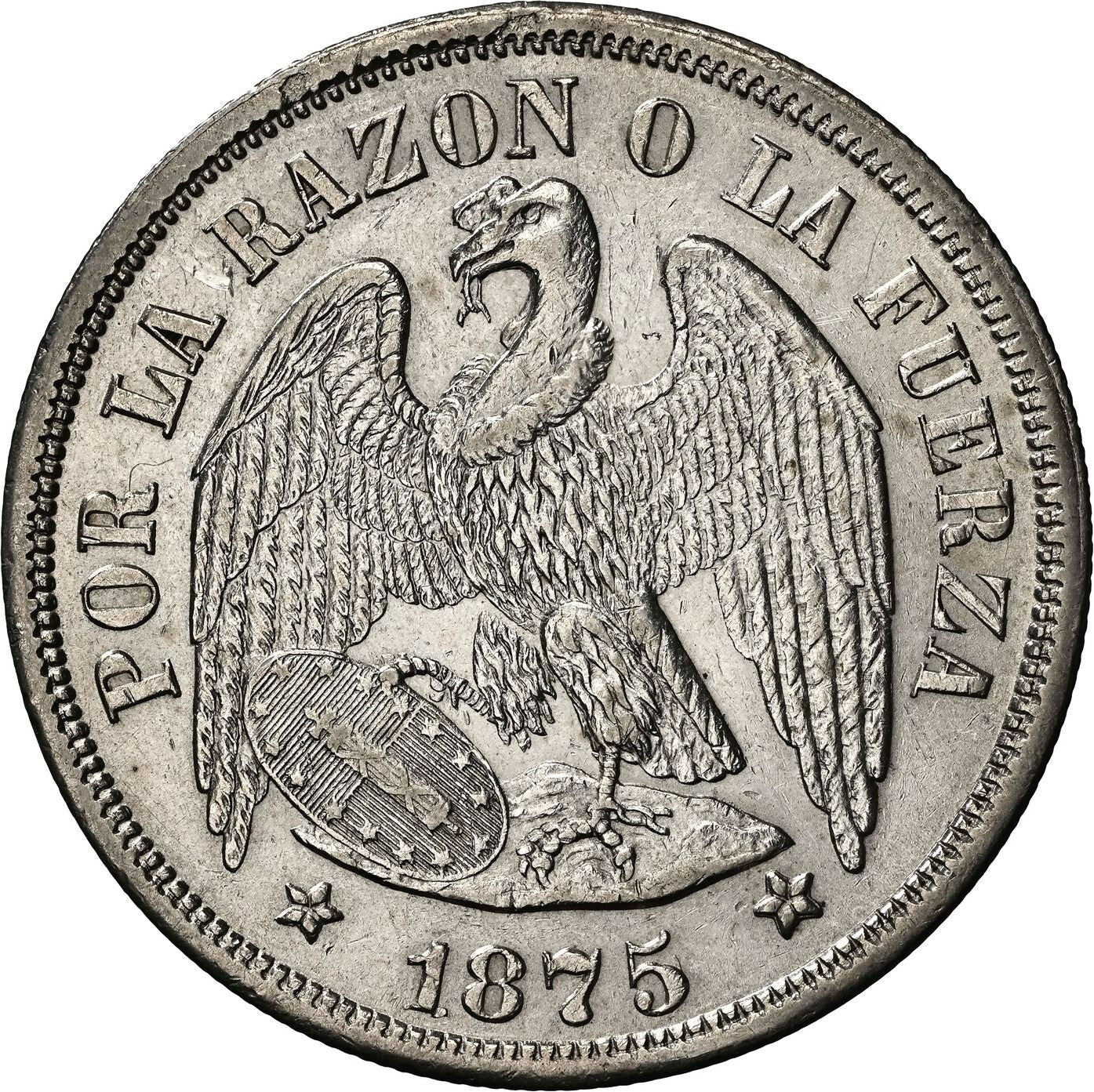 CHILE Santiago Silver Condor Peso 1875/0 NGC AU 55