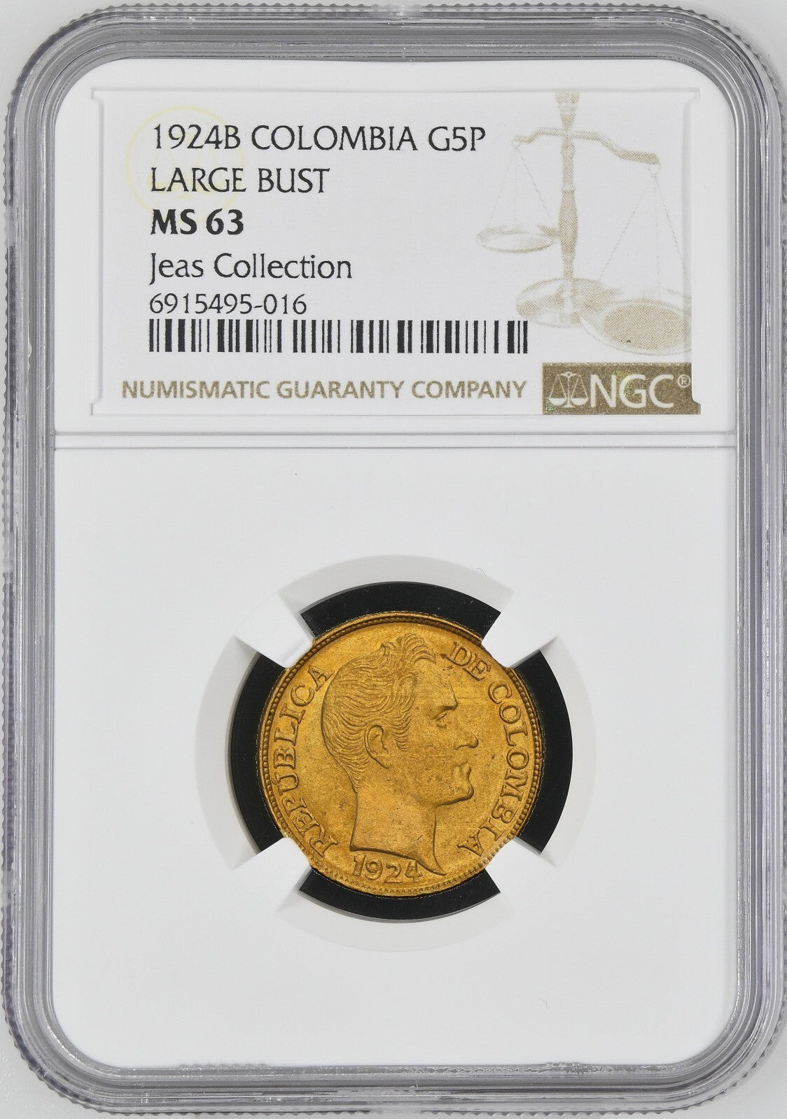 COLOMBIA, Bogotá, gold 5 pesos, 1924, mintmark B to left, NGC MS 63. Restrepo-45