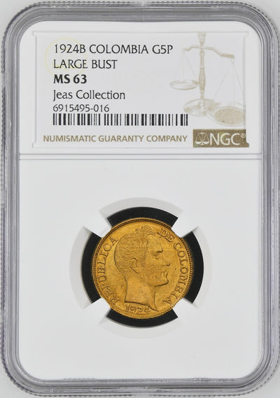 COLOMBIA, Bogotá, gold 5 pesos, 1924, mintmark B to left, NGC MS 63. Restrepo-45