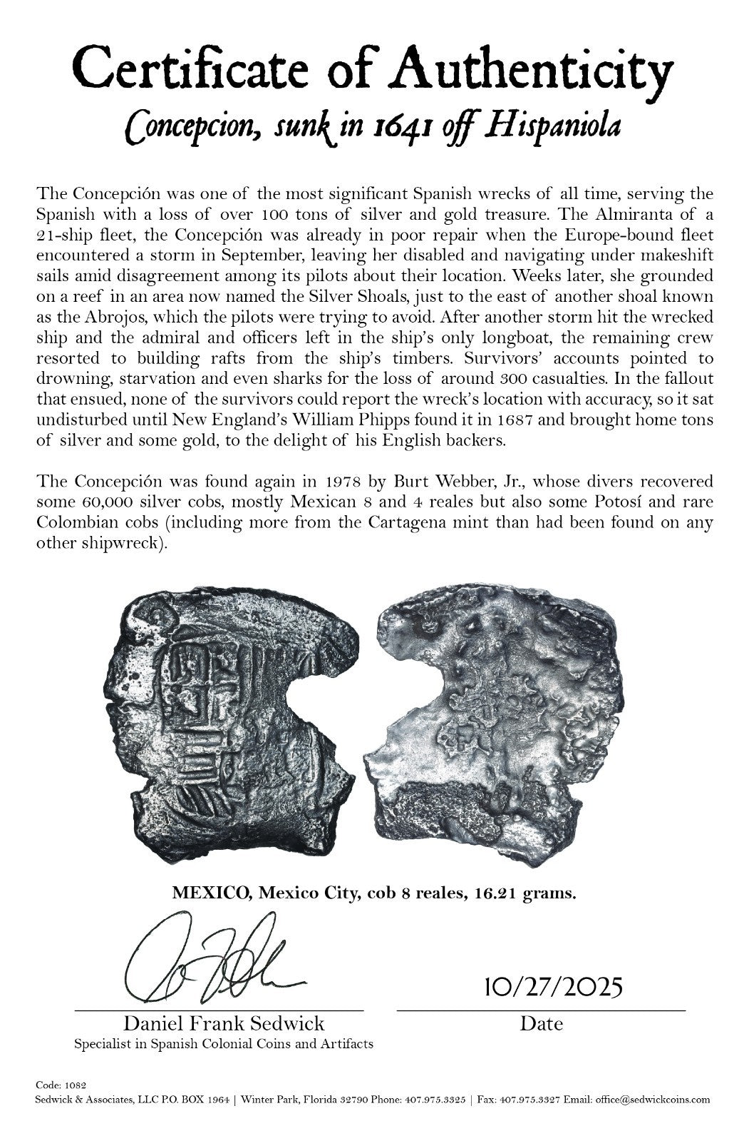 Concepcion Shipwreck (1641) MEXICO Mexico City Silver Cob 8 Reales with COA 1082