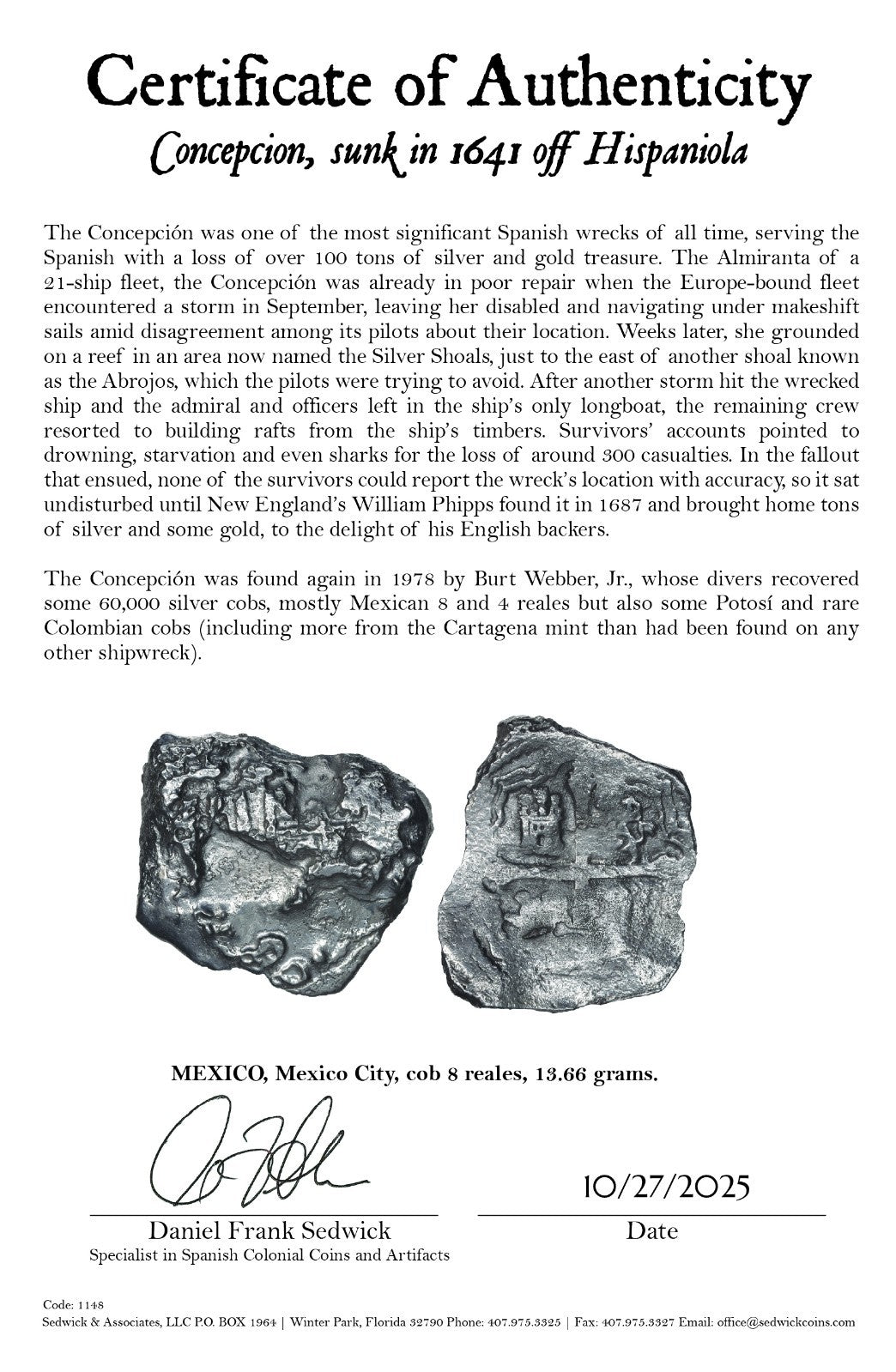 Concepcion Shipwreck (1641) MEXICO Mexico City Silver Cob 8 Reales with COA 1148