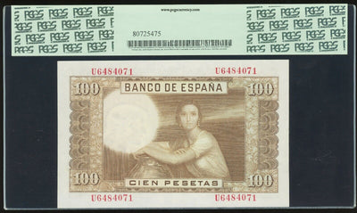 Madrid Spain Banco de Espana 100 Pesetas 19-11-1965 (1970) PCGS 55 PPQ Pick-150