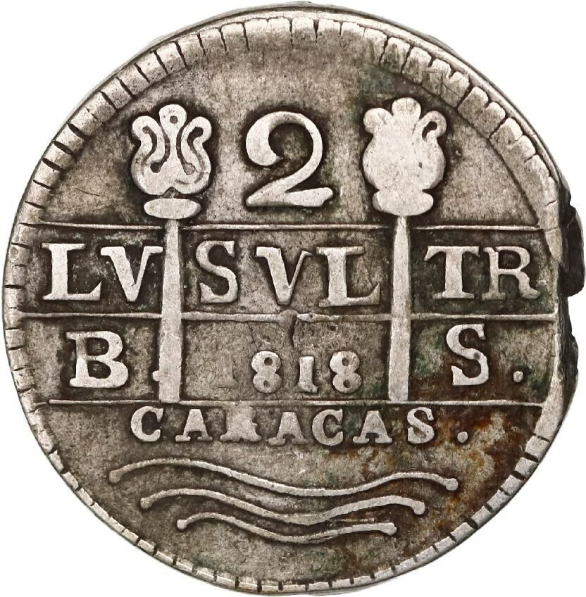 VENEZUELA Caracas Silver 2 Reales Imitation Cob "1818" (ca. 1830) Cal-740