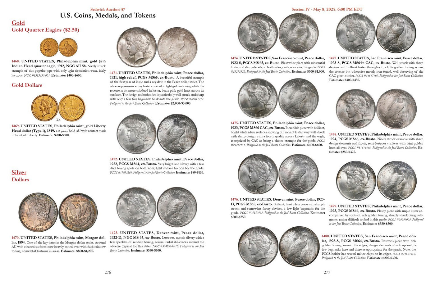 Sedwick Treasure, World, U.S. Coins & Paper Money Auction 37 Catalog May 2025