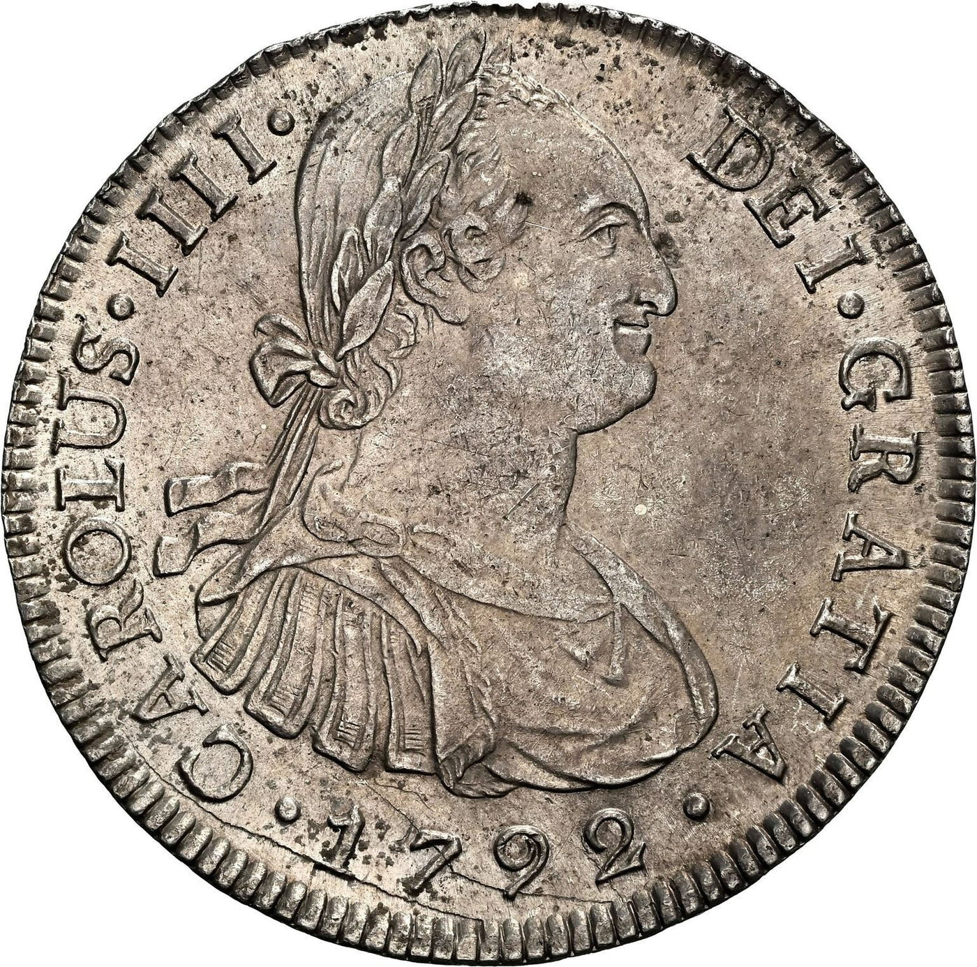 PERU Lima Silver Bust 8 Reales Charles IV 1792 IJ NGC AU 55