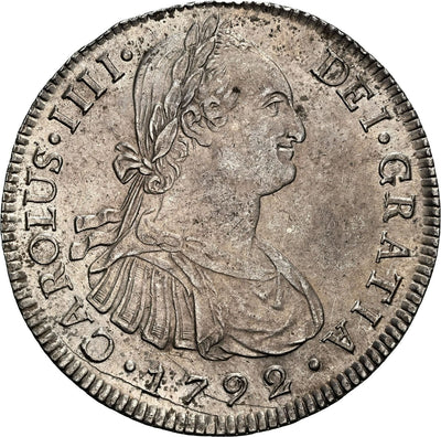 PERU Lima Silver Bust 8 Reales Charles IV 1792 IJ NGC AU 55