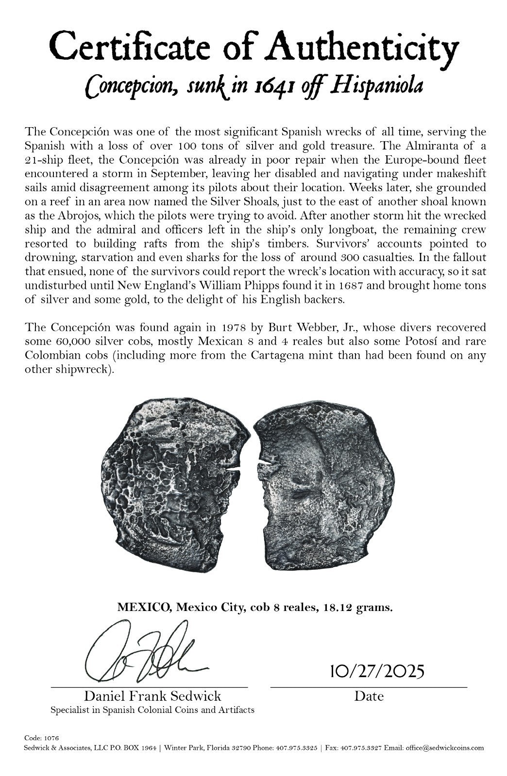 Concepcion Shipwreck (1641) MEXICO Mexico City Silver Cob 8 Reales with COA 1076