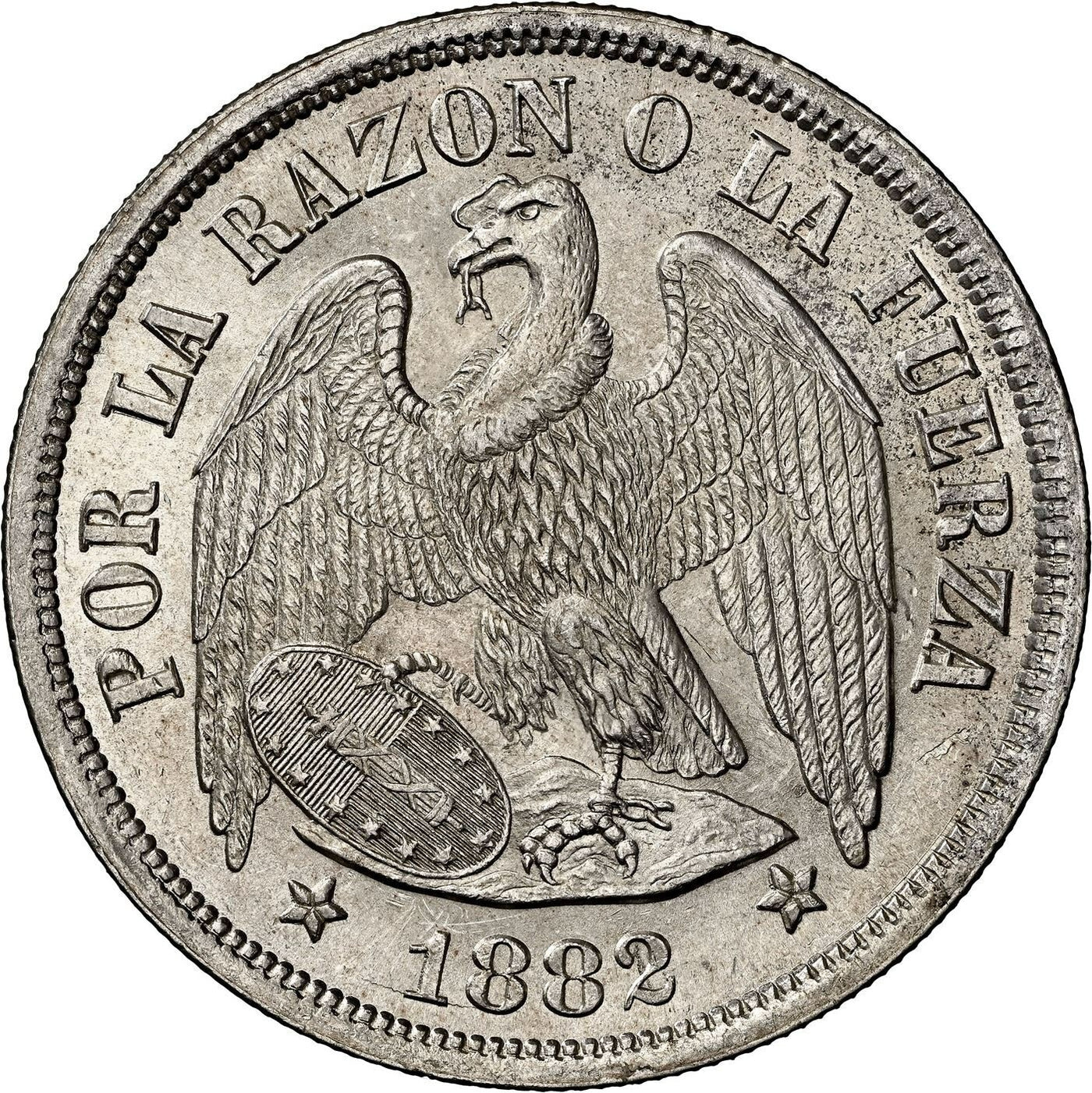 CHILE Santiago Silver Condor Peso 1882/1 NGC MS 64 KM-142.1