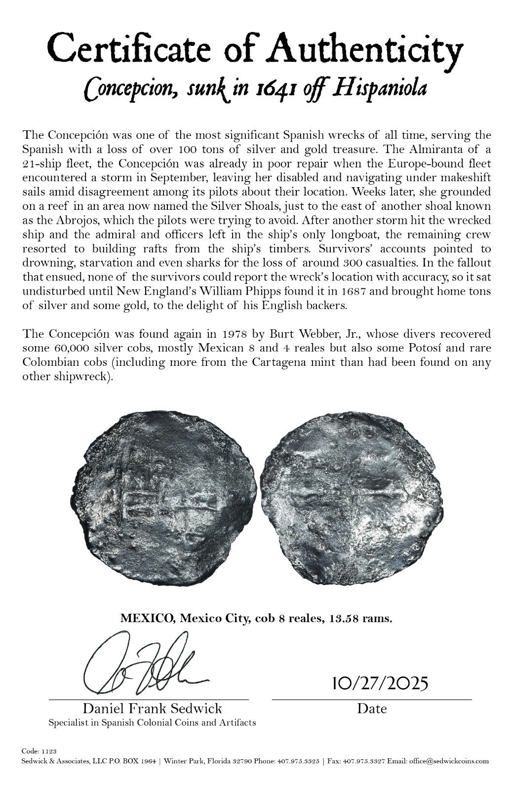 Concepcion Shipwreck (1641) MEXICO Mexico City Silver Cob 8 Reales with COA 1123