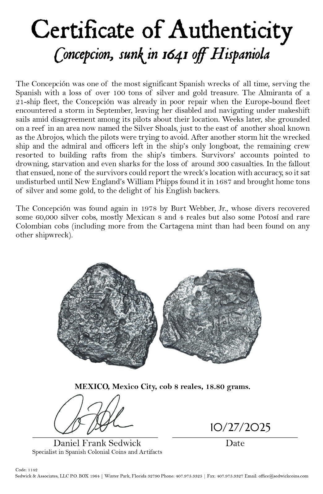 Concepcion Shipwreck (1641) MEXICO Mexico City Silver Cob 8 Reales with COA 1142