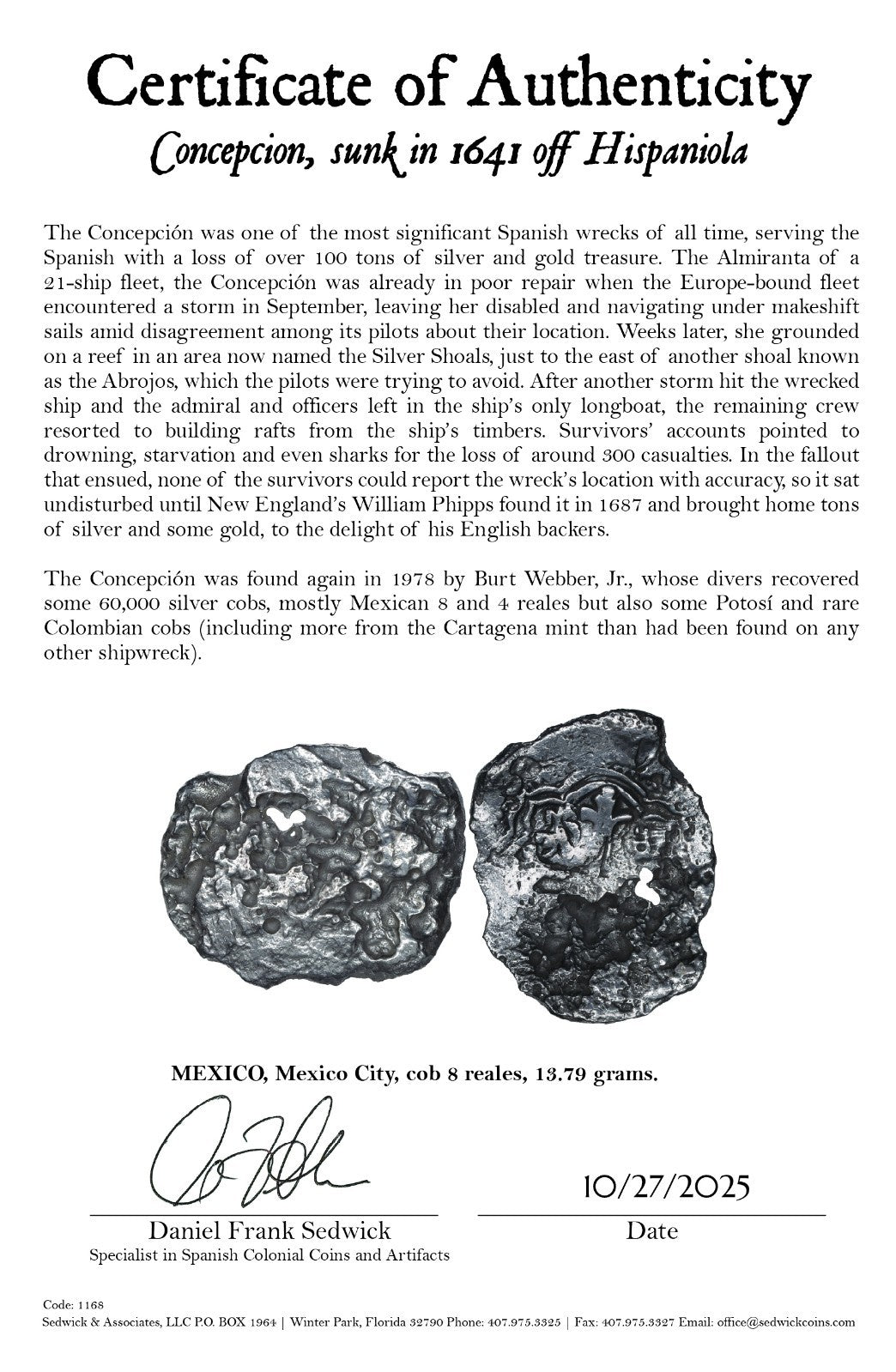 Concepcion Shipwreck (1641) MEXICO Mexico City Silver Cob 8 Reales with COA 1168